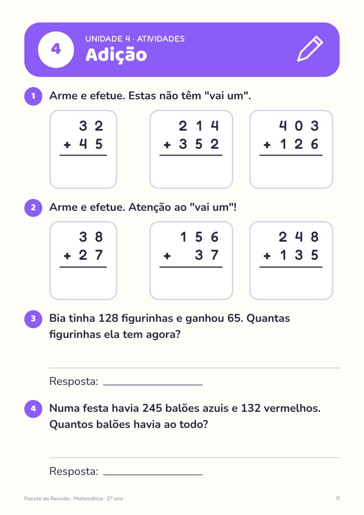 Página de atividades de adição