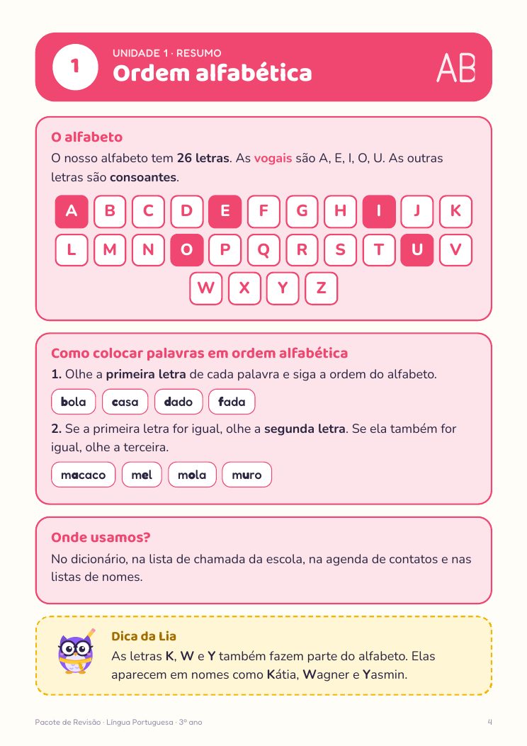 Página de resumo ilustrado sobre ordem alfabética